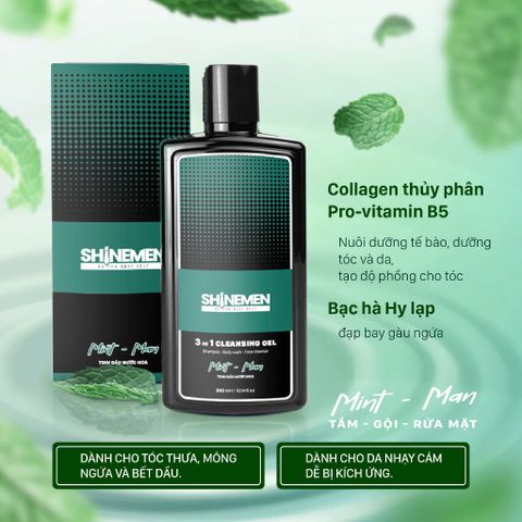 Combo Sữa tắm gội Rửa mặt 3 in 1 SHINEMEN cho nam hương MINT-MAN 300ml & Travel size 50ml - Sản phẩm chăm sóc cơ thể nam giới