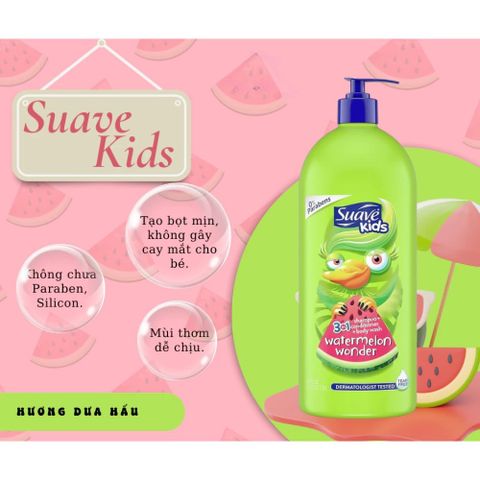 Sữa Tắm Gội Xả Suave Kids 3in1 - Hương Trái Cây Tươi Mát, Dành Cho Trẻ Em - 532ml / 1.18L, An Toàn Cho Da Nhạy Cảm