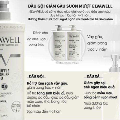 Bộ Dầu Gội Xả Nấm Truffle Elvawell 1000ml - Phục Hồi Tóc Hư Tổn, Giảm Gàu, Kiểm Soát Dầu Bết, Dưỡng Mềm Mượt