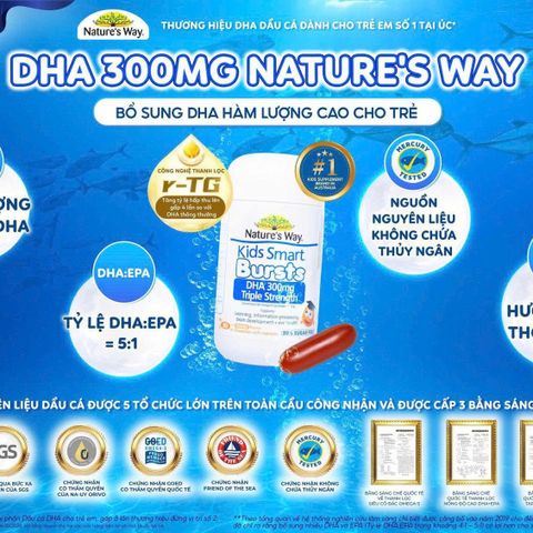 Viên Uống Bổ Sung DHA Cho Trẻ Em Nature's Way Kids Smart Bursts 300mg - Hỗ Trợ Phát Triển Não Bộ & Thị Lực Tự Nhiên, Hương Vị Trái Cây