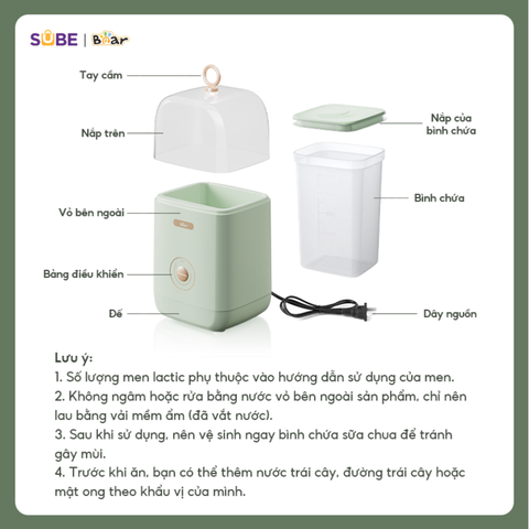 Máy làm sữa chua Bear SB-SC12C 1L - Thiết bị thông minh, dễ sử dụng, công suất 12W, màu xanh, an toàn với thực phẩm