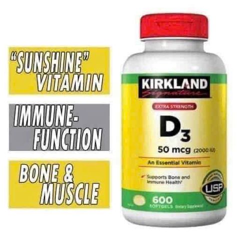 Viên uống Kirkland Vitamin D3 50mcg 600 viên – Tăng cường sức khỏe xương và răng, hỗ trợ hấp thụ canxi hiệu quả
