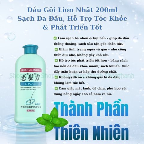 Dầu Gội Nhật Bản Lion Mohatsuryoku 200ml - Làm Sạch Da Đầu, Giúp Tóc Khỏe Mạnh, Giảm Ngứa, Hỗ Trợ Phát Triển Tóc Dày, Không Silicon
