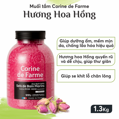 Muối tắm Corine de Farme - Hương Hoa Hồng 1.3Kg - Chăm sóc da, Thư giãn, Giảm stress, Đặc biệt cho mọi loại da