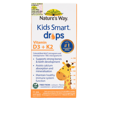 Vitamin D3K2 Kids Smart Drops 11ml - Dạng Nhỏ Giọt Bổ Sung Vitamin D và K cho Trẻ Sơ Sinh từ Nature's Way Úc