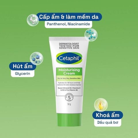 Kem Dưỡng Ẩm Dịu Lành Cetaphil (50g) - Cấp Ẩm Sâu 48H Cho Da Nhạy Cảm, Không Chứa Hương Liệu, Giúp Da Mềm Mịn, Lành Tính