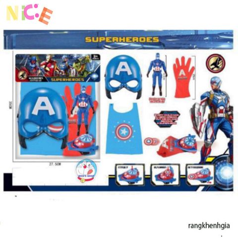 Set hóa trang siêu anh hùng Captain America 5 món - Áo choàng, mặt nạ phát sáng, găng tay, đĩa ném - Đồ chơi trẻ em an toàn và sáng tạo
