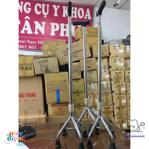 Gậy chống 4 chân điều chỉnh chiều cao - Hỗ trợ an toàn cho người cao tuổi và người bệnh - Chất liệu inox bền vững