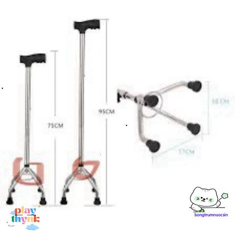 Gậy chống 4 chân điều chỉnh chiều cao - Hỗ trợ an toàn cho người cao tuổi và người bệnh - Chất liệu inox bền vững