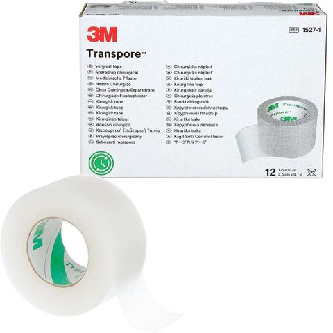 Hộp 12 Cuộn Băng keo Y Tế Trong Suốt 3M Transpore 1527 - Độ Dính Tốt, Dễ Xé, An Toàn Cho Mọi Loại Da, Tiện Dụng Y Tế