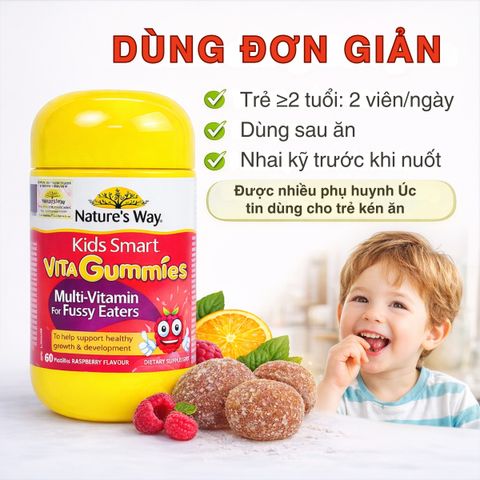 Kẹo Dẻo Vitamin Tổng Hợp Cho Trẻ - Nature's Way Kids Smart Vita Gummies Dành Cho Trẻ Ăn Kén, 60 Viên Hương Vị Trái Cây