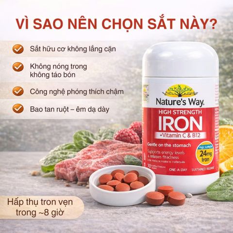 Nature’s Way Sắt Hữu Cơ Cao Cấp + Vitamin C & B12 - Viên Nén Bổ Sung Dinh Dưỡng Hằng Ngày - 30 Viên từ Úc