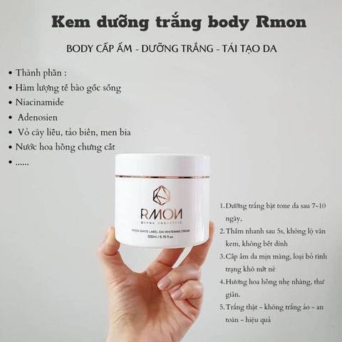 Kem Dưỡng Trắng Da Body Rmon White Cream 200ml - Sáng Da, Mờ Thâm Nâu, Hàn Quốc, Chất Kem Mịn Mượt, Dưỡng Ẩm Tự Nhiên