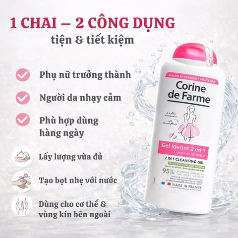 Gel Vệ Sinh và Tắm Toàn Thân Corine de Farme 2 in 1 Chiết Xuất Hoa Hạnh Nhân - Dành Cho Da Nhạy Cảm - Chai 250ml