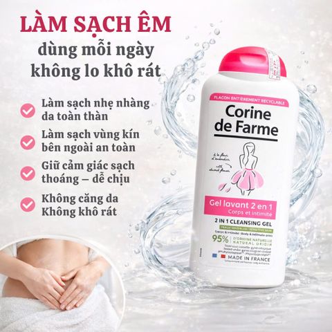 Gel Vệ Sinh và Tắm Toàn Thân Corine de Farme 2 in 1 Chiết Xuất Hoa Hạnh Nhân - Dành Cho Da Nhạy Cảm - Chai 250ml