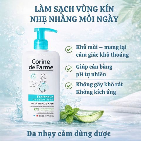 Dung Dịch Vệ Sinh Phụ Nữ Corine de Farme Fresh 250ml - Làm Sạch, Tạo Cảm Giác Tươi Mát, Khử Mùi Dịu Nhẹ, Chiết Xuất Lô Hội