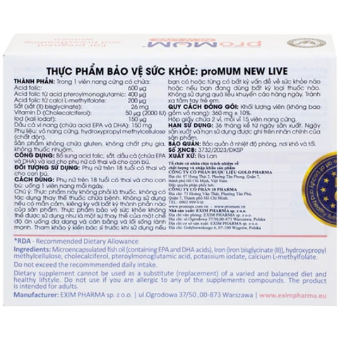 Viên uống proMUM New Live bổ sung Acid Folic và Sắt cho phụ nữ mang thai và cho con bú - 30 viên dinh dưỡng thiết yếu cho mẹ và bé