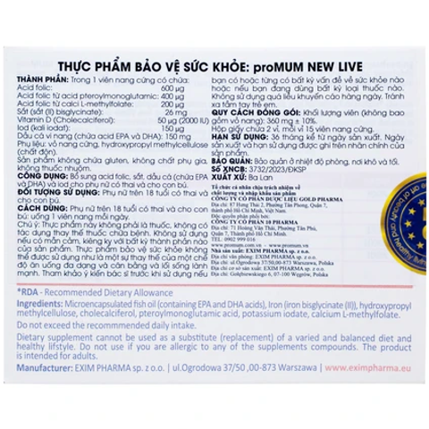 Viên uống proMUM New Live bổ sung Acid Folic và Sắt cho phụ nữ mang thai và cho con bú - 30 viên dinh dưỡng thiết yếu cho mẹ và bé