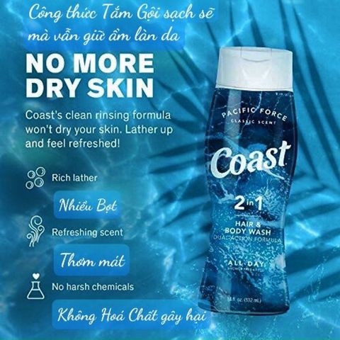 Dầu Tắm Gội Coast 2IN1 532ml - Sữa Tắm & Dầu Gội Gel Nam Tính, Hương Thơm Lâu, Dưỡng Ẩm, Sạch Sẽ, Mềm Mại, Tiện Lợi Dùng Hàng Ngày