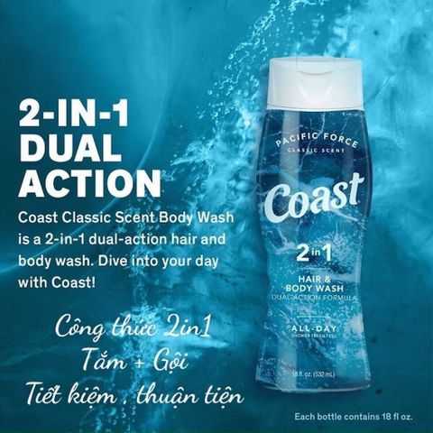 Dầu Tắm Gội Coast 2IN1 532ml - Sữa Tắm & Dầu Gội Gel Nam Tính, Hương Thơm Lâu, Dưỡng Ẩm, Sạch Sẽ, Mềm Mại, Tiện Lợi Dùng Hàng Ngày