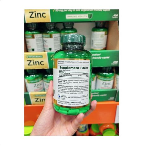 Viên uống bổ sung kẽm Nature’s Bounty Zinc 50mg - Hỗ trợ miễn dịch, chống oxy hóa, thân thiện với người ăn chay - 400 viên