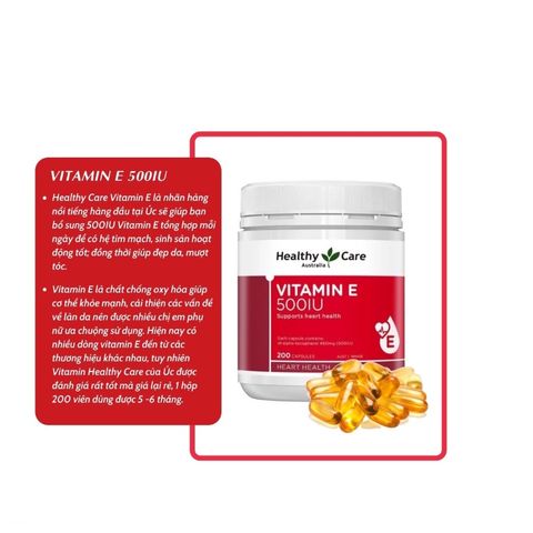Viên Uống Bổ Sung Vitamin E Healthy Care 500IU - 200 Viên Cải Thiện Đẹp Da, Chống Lão Hóa & Tóc Khỏe Mượt, Xuất Xứ Úc