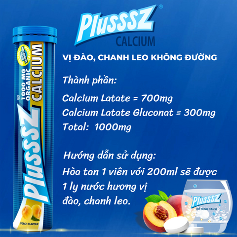 Viên Sủi Canxi Hữu Cơ PLUSSSZ 20 Viên - Hương Đào & Chanh Leo - Hỗ Trợ Giảm Loãng Xương, Dinh Dưỡng Bổ Sung Sức Khỏe Xương