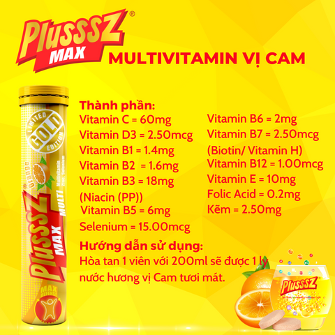 [COMBO 5 TUÝP x 20 VIÊN] Viên Sủi Vitamin Tổng Hợp  PLUSSSZ MAX MULTIVITAMIN VỊ CAM Không Đường