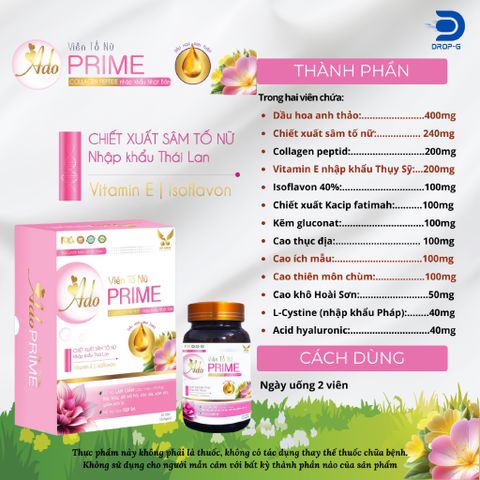 (Chính hãng) Viên Uống Nội Tiết Tố Nữ, Sáng Đẹp Da [TPBVSK Ado Prime HỒNG] - H/30 viên