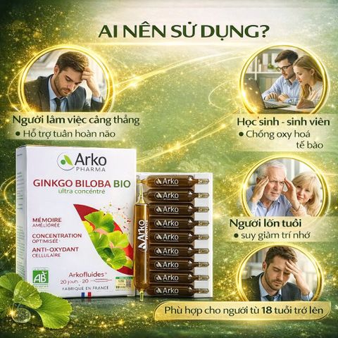 Ginkgo Biloba BIO Arkopharma - Thực Phẩm Bổ Não Dạng Ống Uống 20 Ống - Tăng Cường Trí Nhớ, Duy Trì Tinh Thần Minh Mẫn