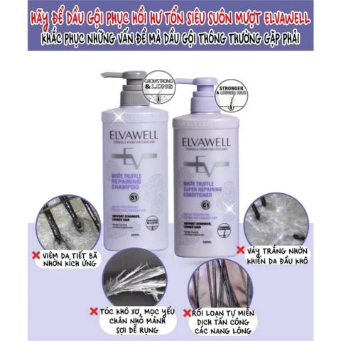 Dầu Gội Xả ELVAWELL Tím Phục Hồi Hư Tổn, Siêu Mềm Mượt, Hương Nước Hoa 1000ML