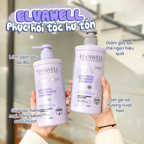 Dầu Gội Xả ELVAWELL Tím Phục Hồi Hư Tổn, Siêu Mềm Mượt, Hương Nước Hoa 1000ML