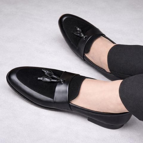 Giày lười nam DAVINCIA boy phố, Giầy da mềm gắn chuông đế cao su cao 3cm chống trơn trượt có khâu