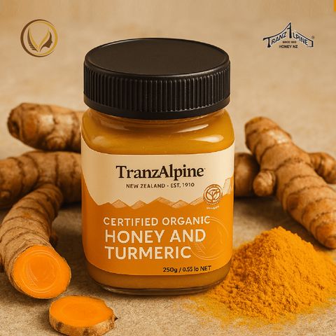 Mật ong cỏ ba lá hữu cơ kết hợp với nghệ TranzAlpine Certified Organic Honey And Turmeric 250g