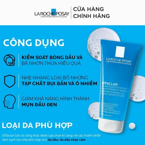 Gel Rửa Mặt  LA ROCHE Tạo Bọt Làm Sạch Dành Cho Da Dầu Nhạy Cảm - EFFACLAR PURIFYING FOAMING GEL FOR OILY SENSITIVE SKIN