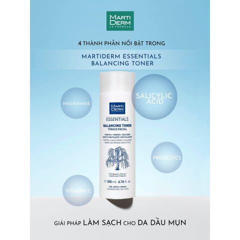 [HÀNG CÔNG TY] MartiDerm Essentials Balancing Toner - Nước Cân Bằng Làm Sạch Da Hỗn Hợp, Da Dầu BHA & Prebiotics 200ml