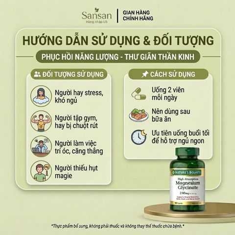 TPBVSK Viên Uống Magie Nature’s Bounty Magnesium Glycinate 240mg, 180 Viên - Nội địa Mỹ