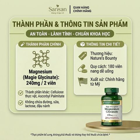 TPBVSK Viên Uống Magie Nature’s Bounty Magnesium Glycinate 240mg, 180 Viên - Nội địa Mỹ