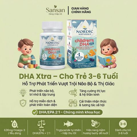 Viên uống Nordic Children's DHA Xtra 636mg - Bổ sung Omega-3 cho trẻ từ 3 tuổi, hỗ trợ trí não và phát triển tư duy, 90 viên Mỹ