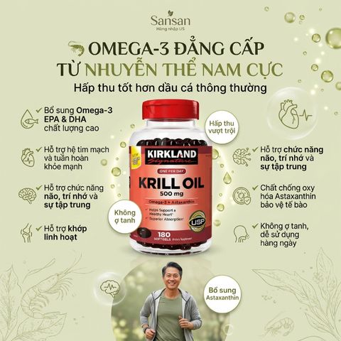 TPBVSK Kirkland Signature Krill Oil Omega3 + Astaxanthin 500mg Dầu nhuyễn thể 500v - Nội địa Mỹ