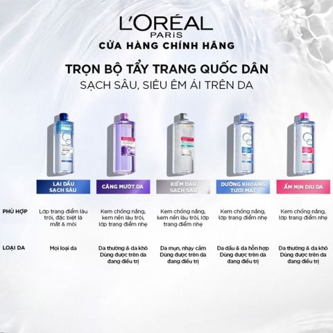 Nước Tẩy Trang L'Oreal 3-in-1 Micellar Water 400ml - Sạch Sâu Dành Cho Da Dầu Hỗn Hợp Nhạy Cảm, Làm Tươi Mát Da