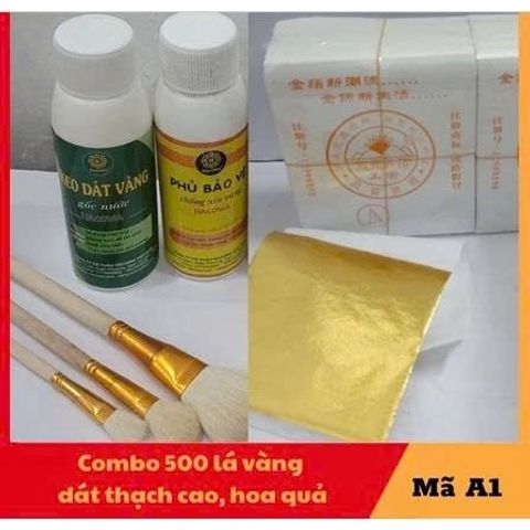 Combo 1000 lá vàng kèm đủ keo và phụ kiện dùng cho dát vàng hoa quả, thạch cao, giấy, đồ da