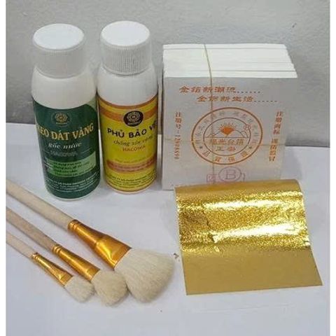 Combo 1000 lá vàng kèm đủ keo và phụ kiện dùng cho dát vàng hoa quả, thạch cao, giấy, đồ da