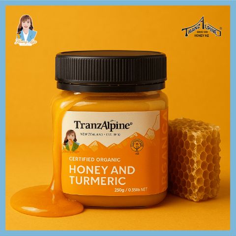 Mật ong cỏ ba lá hữu cơ và nghệ New Zealand TranzAlpine Certified Organic Honey And Turmeric 250g