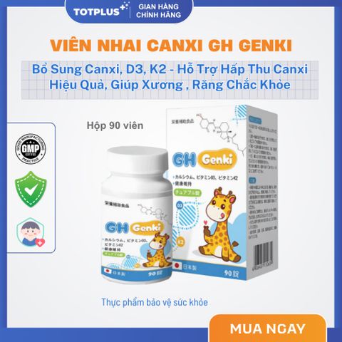 GH Genki - Viên Nhai Bổ Sung Canxi D3K2 Nhật Bản, Hỗ Trợ Phát Triển Chiều Cao Tối Ưu Cho Trẻ - Hộp 90 Viên