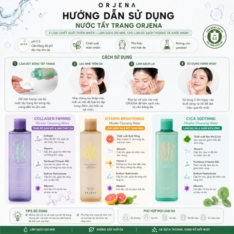 [Tặng mút trang điểm] Nước Tẩy Trang Orjena 300ML Làm Sạch Sâu Bụi Bẩn Dưỡng Ẩm Da Mặt Dịu Nhẹ Cho Mọi Loại Da