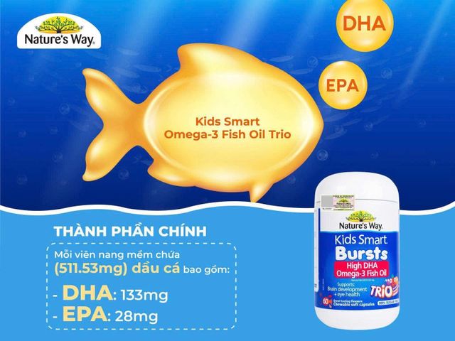 Dầu cá Kids Smart Bursts Omega-3 Fish Oil TRIO – DHA 3 màu ,hương vị trái cây thơm ngon cho bé phát triển trí não