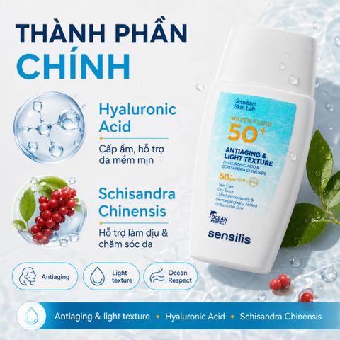 Kem Chống Nắng Sensilis Water Fluid SPF50+ 50ml Dạng Fluid Mỏng Nhẹ, Chống Lão Hóa