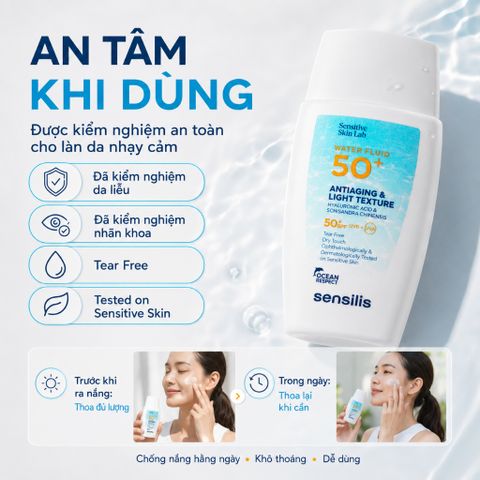 Kem Chống Nắng Sensilis Water Fluid SPF50+ 50ml Dạng Fluid Mỏng Nhẹ, Chống Lão Hóa