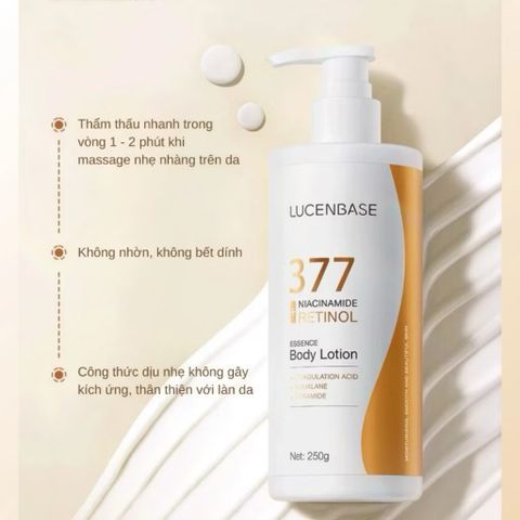 (Chính hãng) 250g Sữa dưỡng thể 377 Niacinamide Retinol LUCENBASE hỗ trợ khóa ẩm làm sáng da
